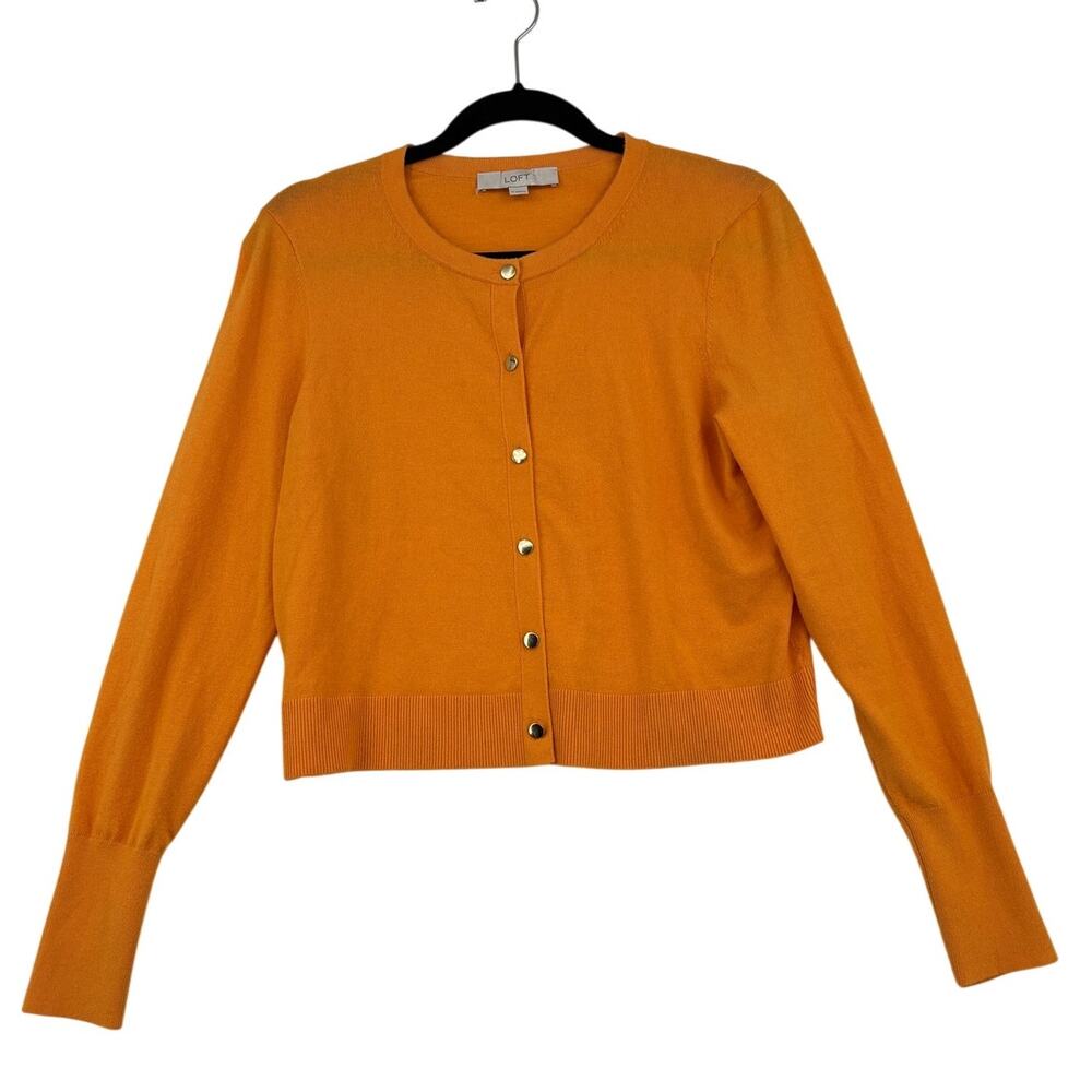Loft Cropped Cardigan Sweater Womens Size M Orange Gold Tone Buttons Lightweight